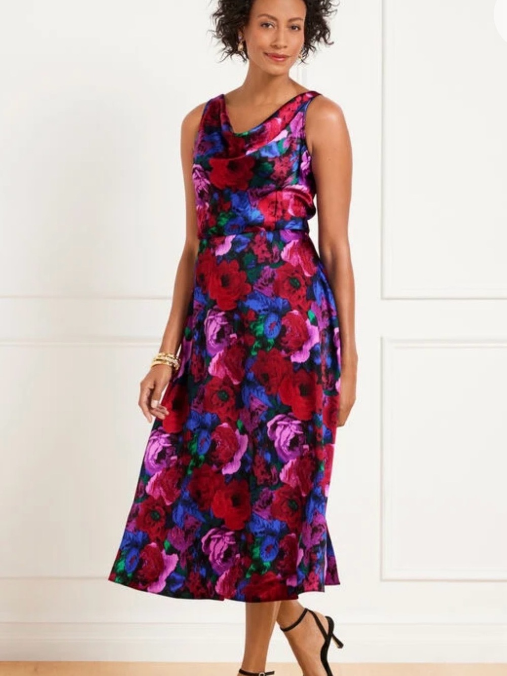 Talbots Floral Cowl-Neck Midi Dress in Red, Purple, Blue